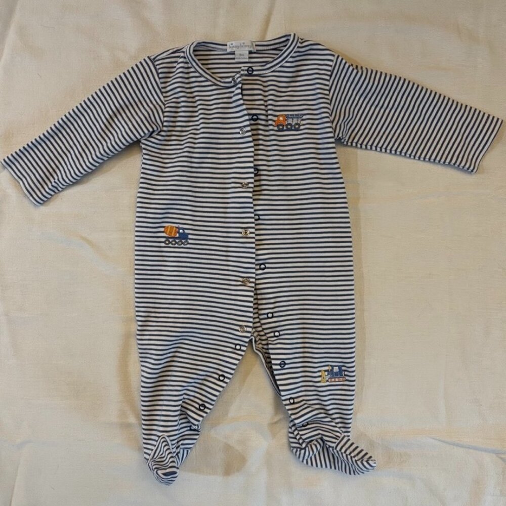 Kissy Kissy 9 mo striped snap front footie sleeper w/ embroidered trucks